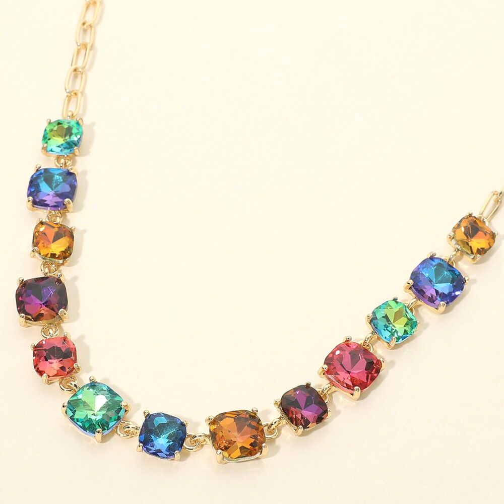 MultiColored Square Stone Link Crystal Necklace Chain Evening Gold
